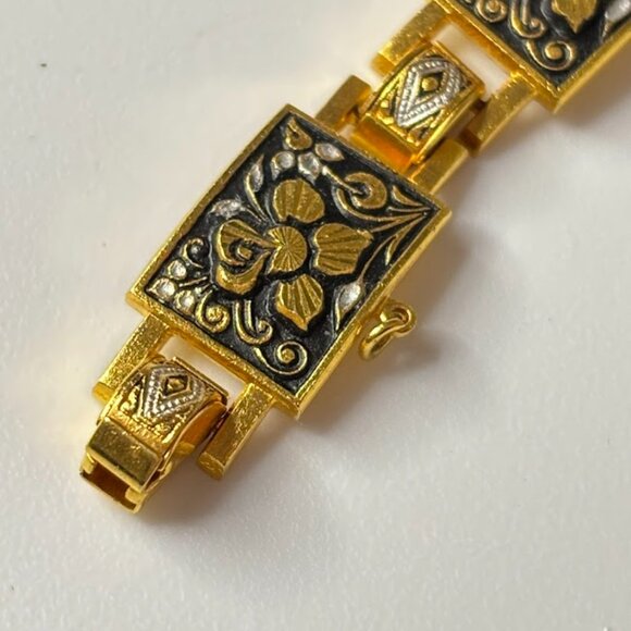 Vintage Damascene Floral Panel Link Bracelet Enamel Spain 7" Safety Chain Snap - Picture 10 of 14